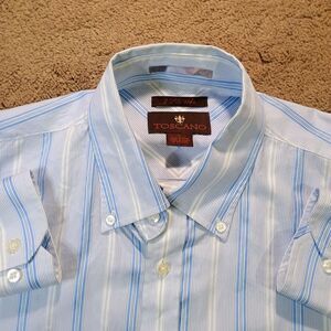 Toscano Mens Shirt Large 2 Ply's 120's Cotton Iron Free Blue Pin Striped Casual